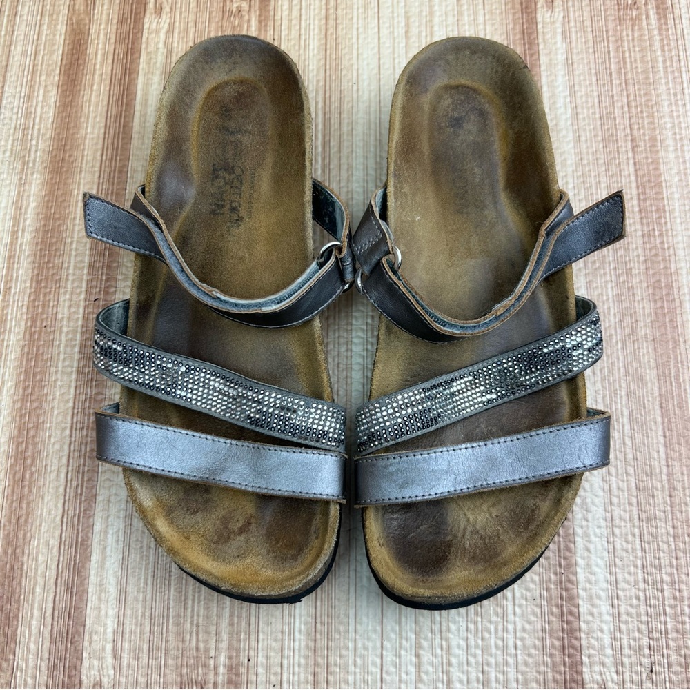 NAOT Sandals Womens 7 38 Columbus Metallic Leather Silver with Metallic Rivets